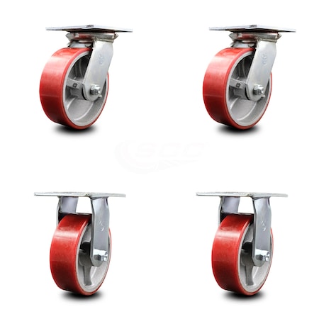 Service Caster 6 Inch Red Poly on Cast Iron Caster Set with Roller Bearings 2 Swivel 2 Rigid SCC-35S620-PUR-RS-2-R-2